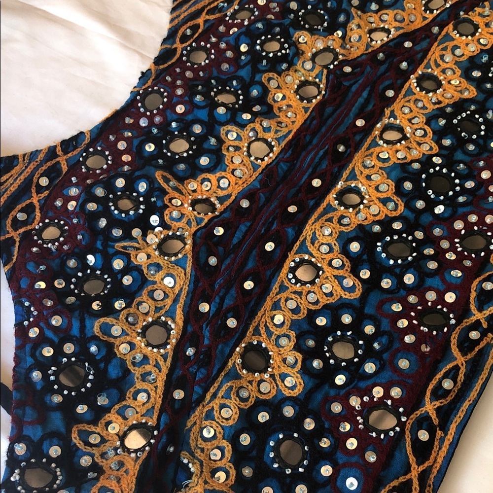 Embroidered Sleeveless Tank Top with Mirror Accents - Blue & Gold